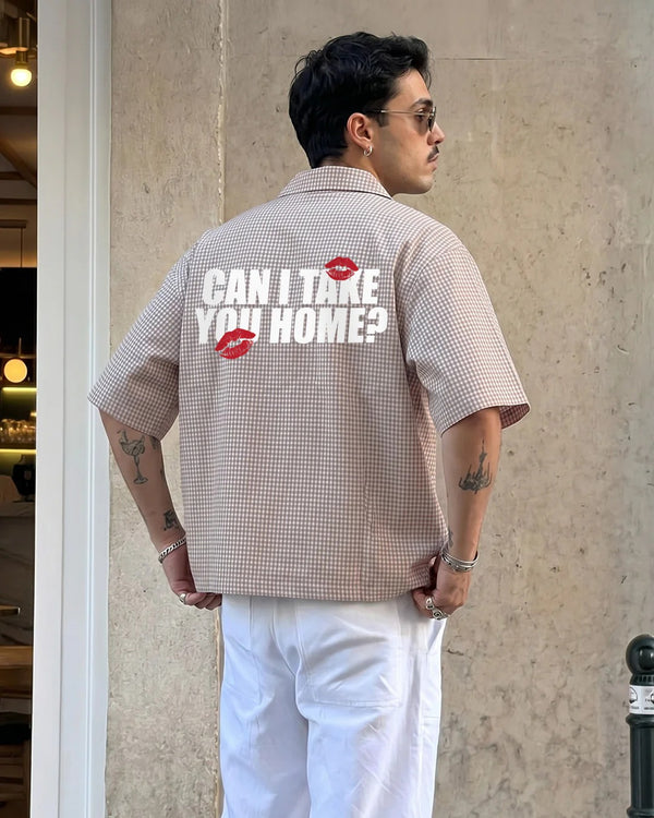 Clothav Can I Take You Home Graphic Beige Checkered Oversized Half Sleeve Shirt for Men & Women | Statement Back Print Streetwear