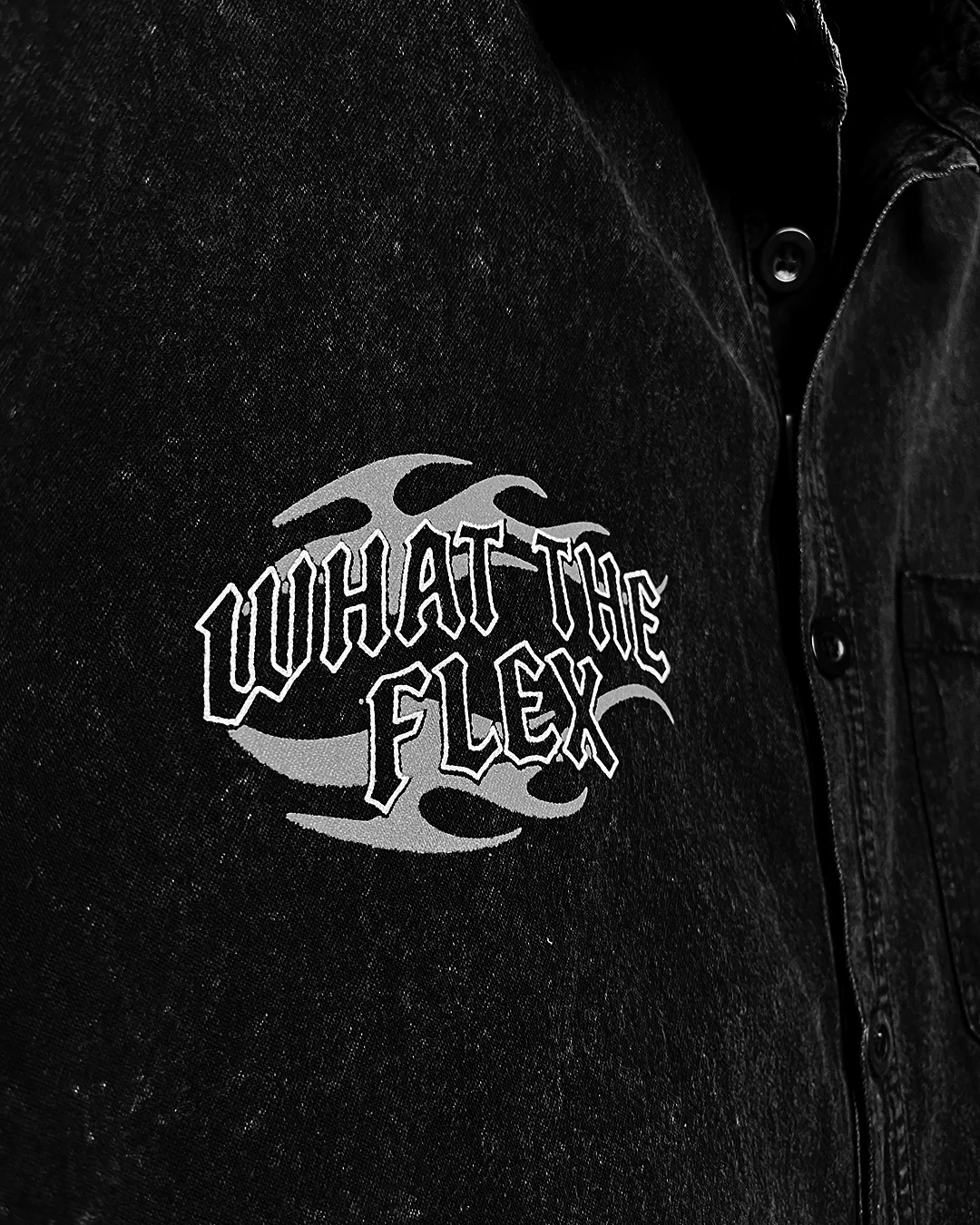 Clothav What The Flex Black Washed Denim Oversized Half Sleeve Shirt for Men & Women | Minimal Graphic Streetwear