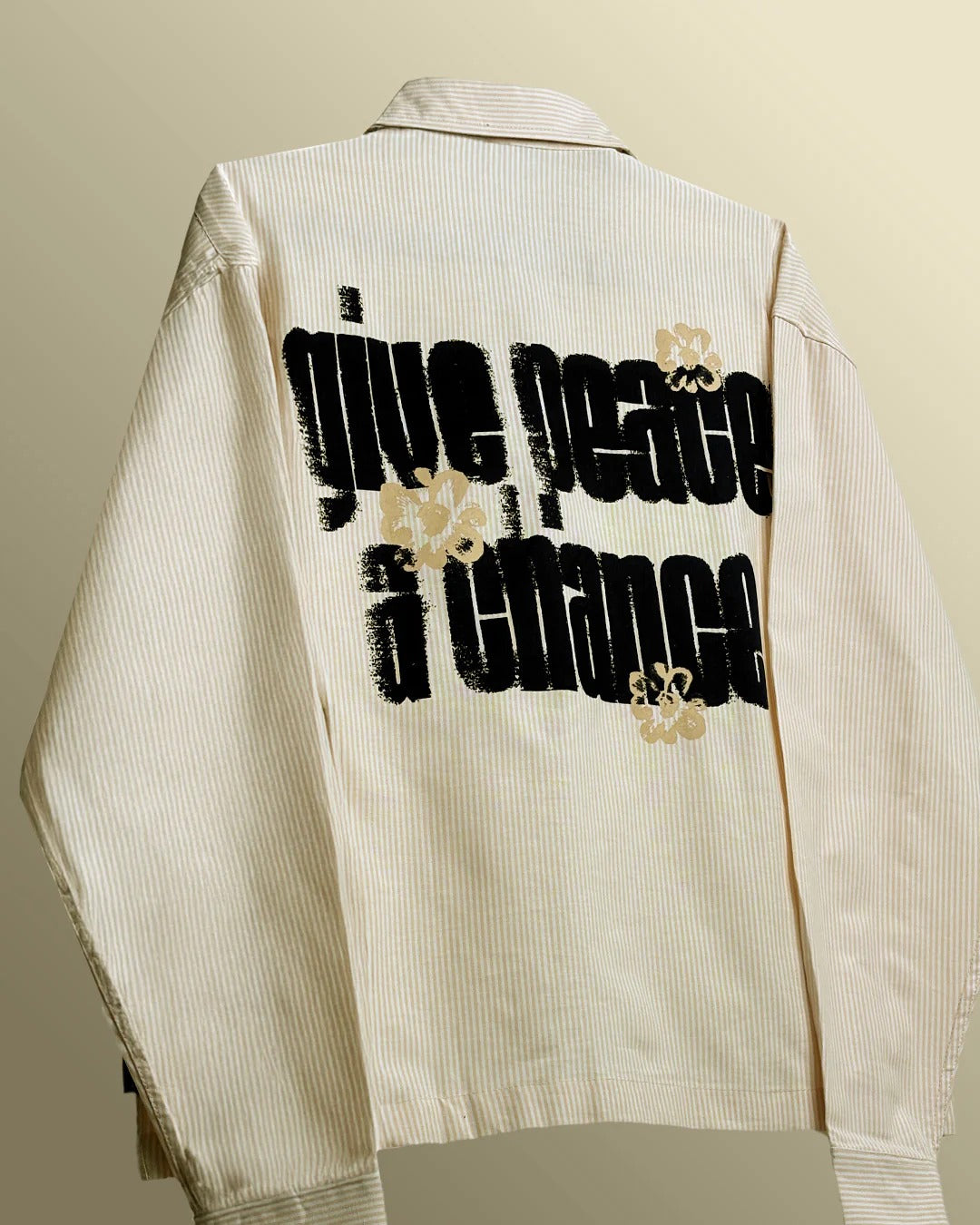 Clothav Give Peace A Chance Graphic Cream Pinstripe Oversized Shirt Jacket for Men & Women | Statement Back Print Streetwear