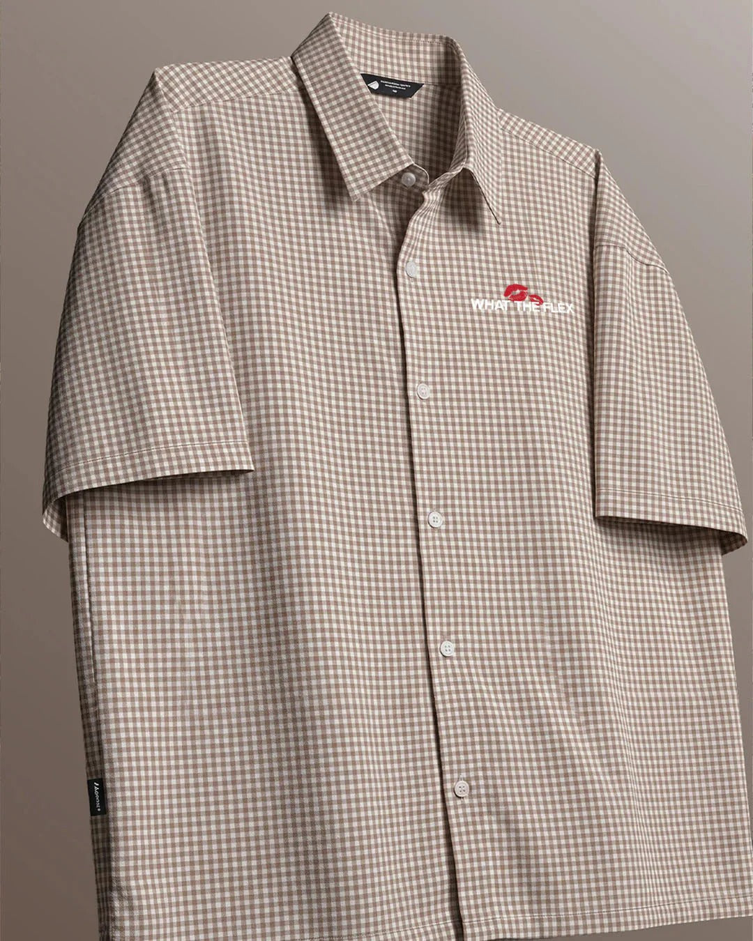 Clothav Can I Take You Home Graphic Beige Checkered Oversized Half Sleeve Shirt for Men & Women | Statement Back Print Streetwear