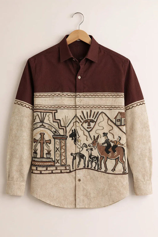 Clothav Men's Premium Brown Beige Tribal Art Printed Full Sleeve Shirt | Vintage Ethnic Casual Shirt | XS–6XL