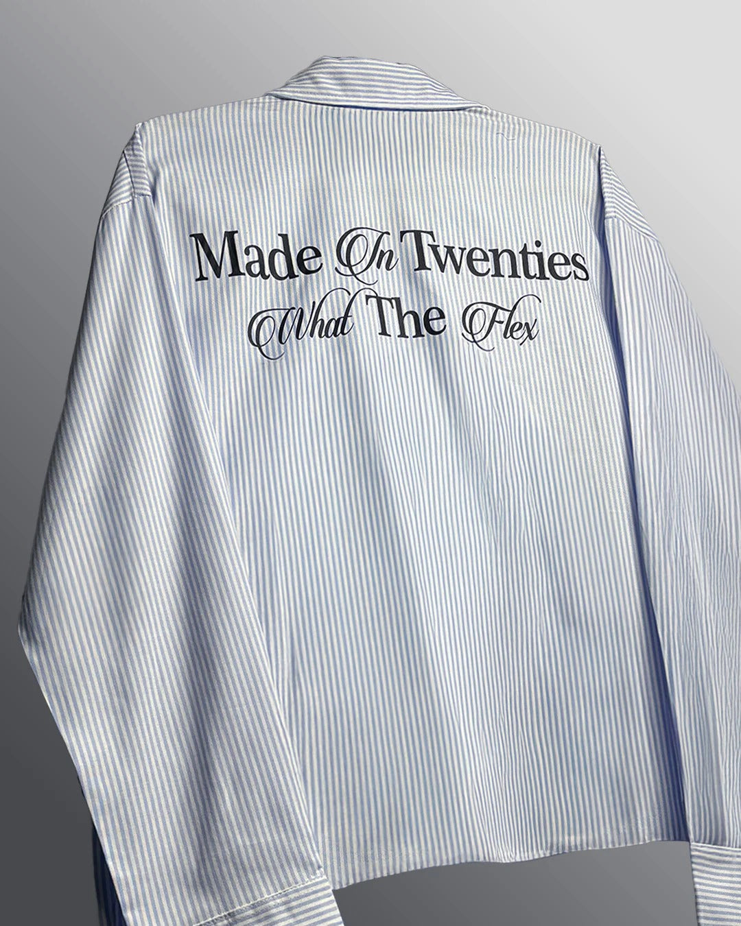 Clothav Made In Twenties Graphic Striped Oversized Full Sleeve Shirt for Men & Women | White Pinstripe Streetwear Shirt