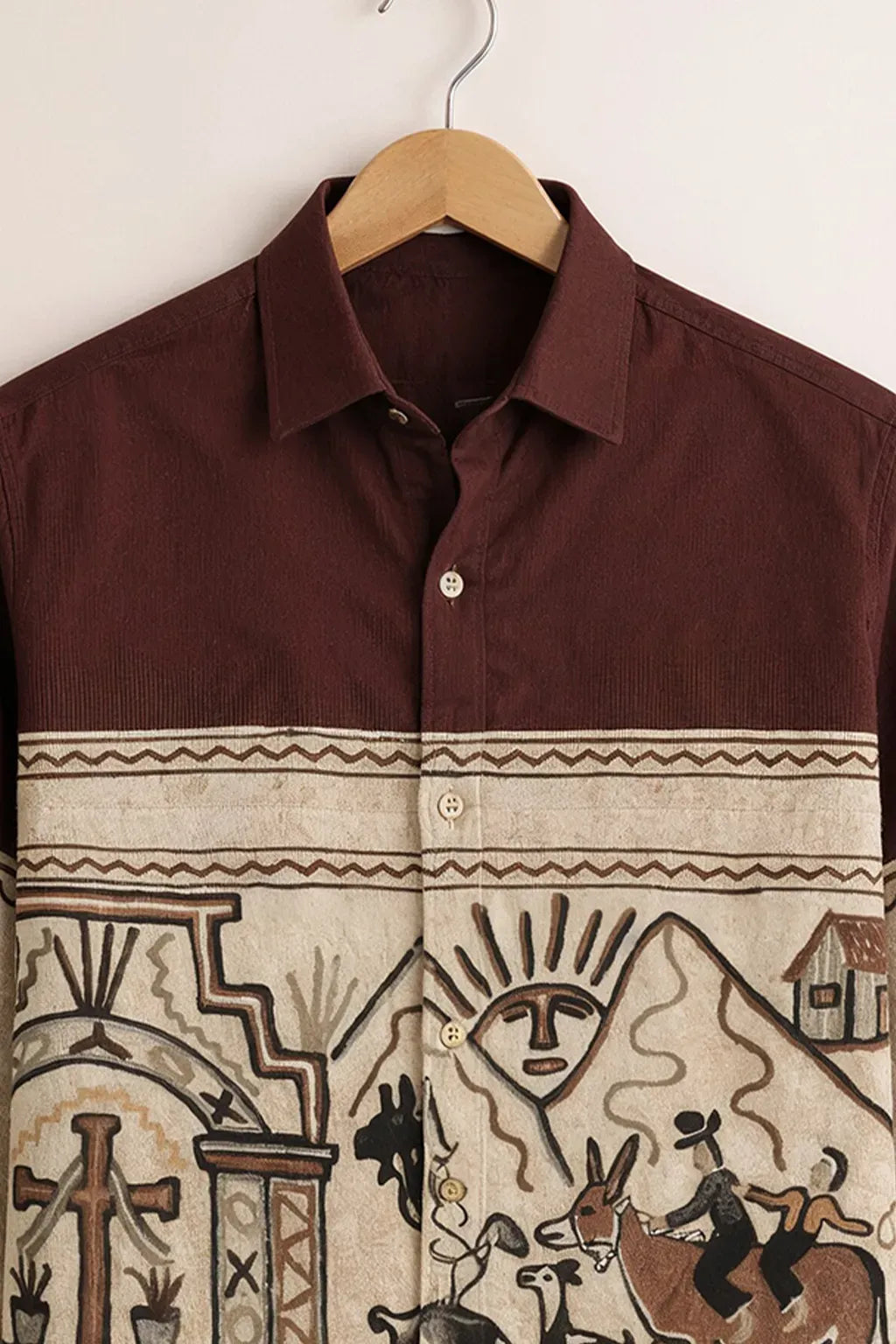 Clothav Men's Premium Brown Beige Tribal Art Printed Full Sleeve Shirt | Vintage Ethnic Casual Shirt | XS–6XL