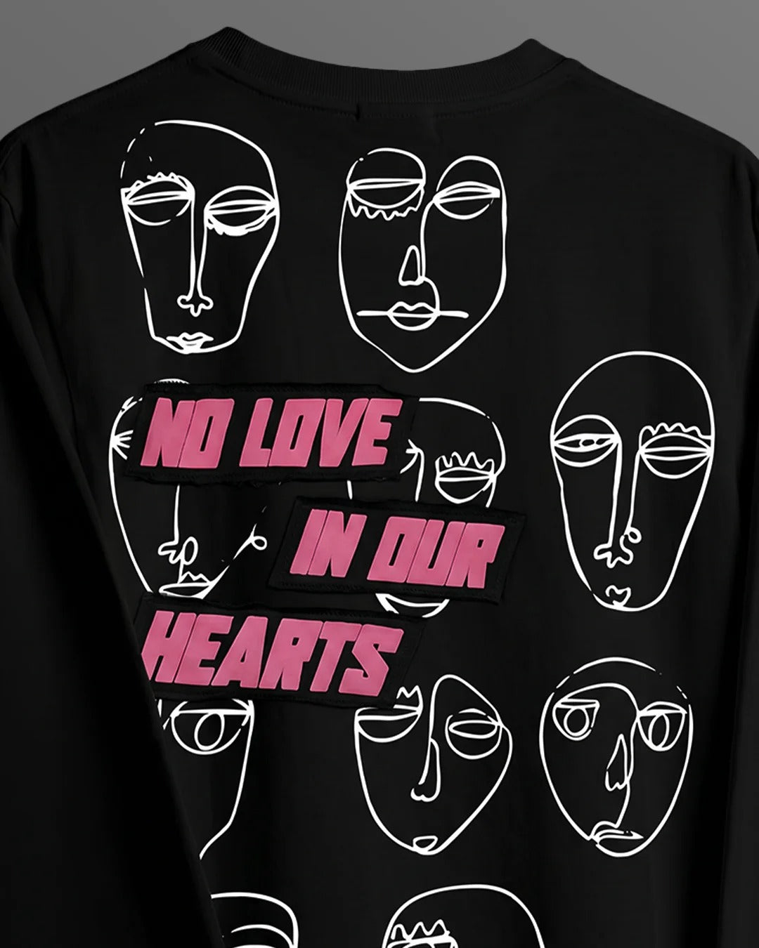 Clothav No Love In Our Hearts Graphic Oversized Full Sleeve T-Shirt for Men & Women | Black Statement Streetwear Tee