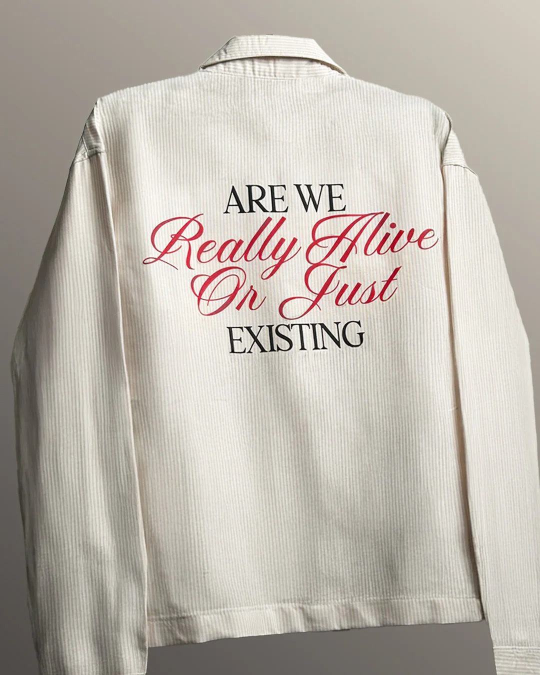 Clothav Are We Really Alive Or Just Existing Graphic Cream Corduroy Oversized Shirt Jacket for Men & Women | Statement Back Print Streetwear