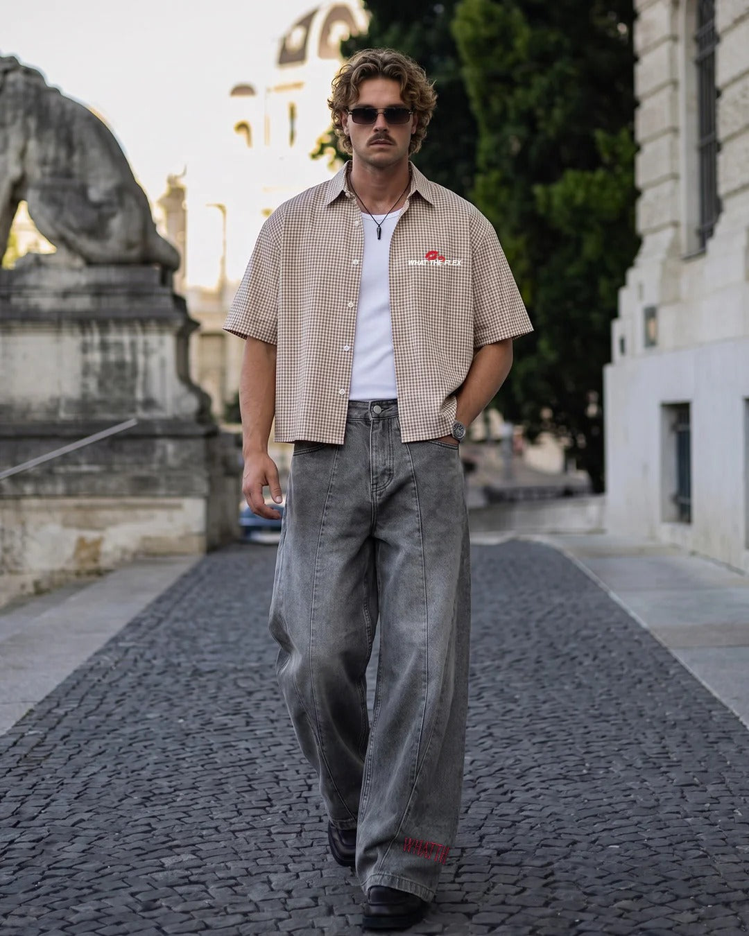 Clothav Can I Take You Home Graphic Beige Checkered Oversized Half Sleeve Shirt for Men & Women | Statement Back Print Streetwear