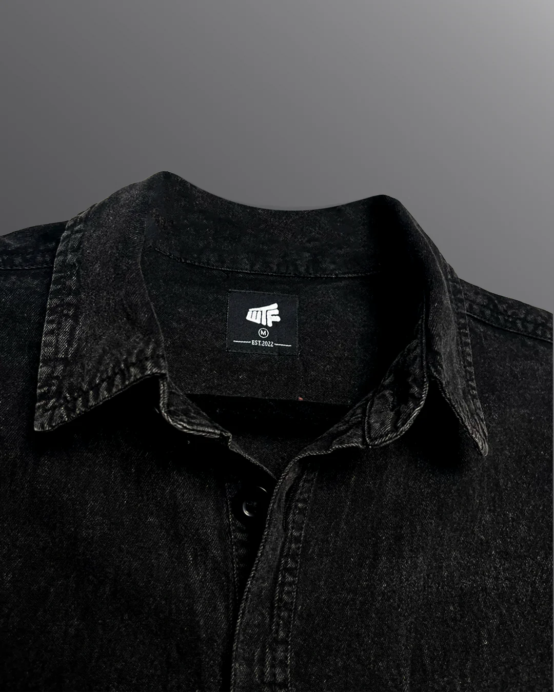 Clothav What The Flex Black Washed Denim Oversized Half Sleeve Shirt for Men & Women | Minimal Graphic Streetwear