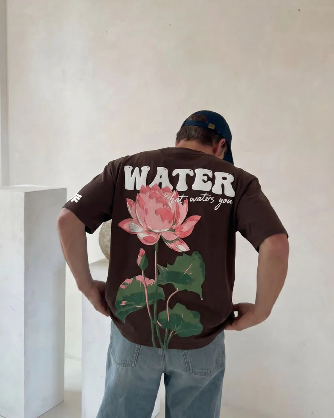 Clothav Water Lotus Graphic Brown Oversized T-Shirt for Men & Women | Floral Back Print Streetwear