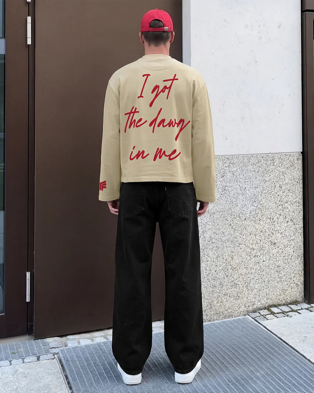 Clothav "I Got The Dawg In Me" Graphic Oversized Full Sleeve T-Shirt for Men & Women | Beige Statement Streetwear Tee