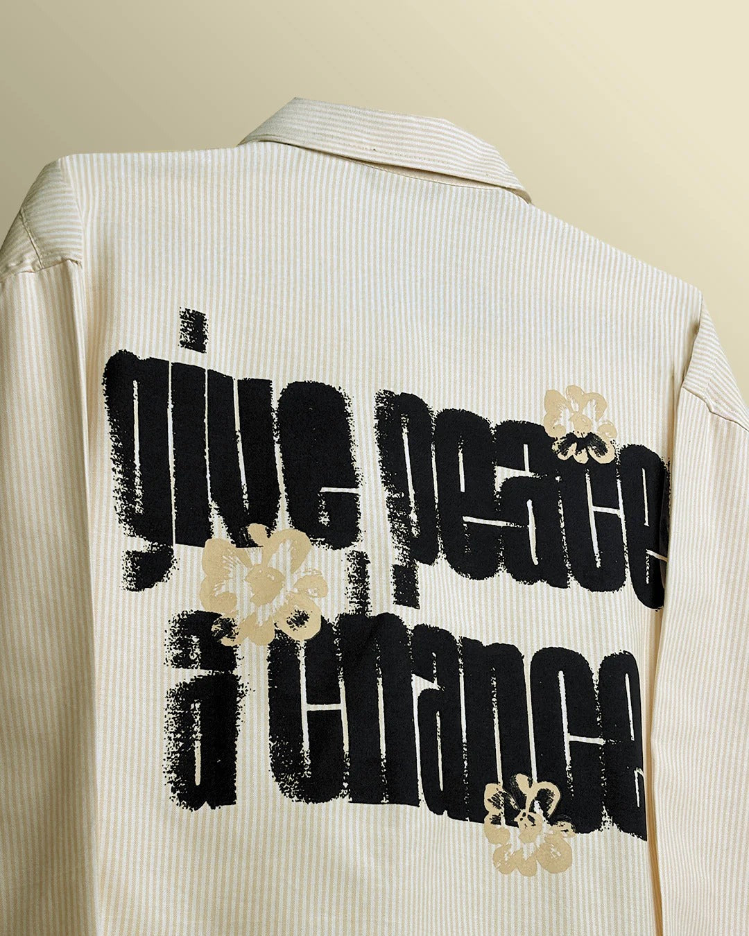 Clothav Give Peace A Chance Graphic Cream Pinstripe Oversized Shirt Jacket for Men & Women | Statement Back Print Streetwear