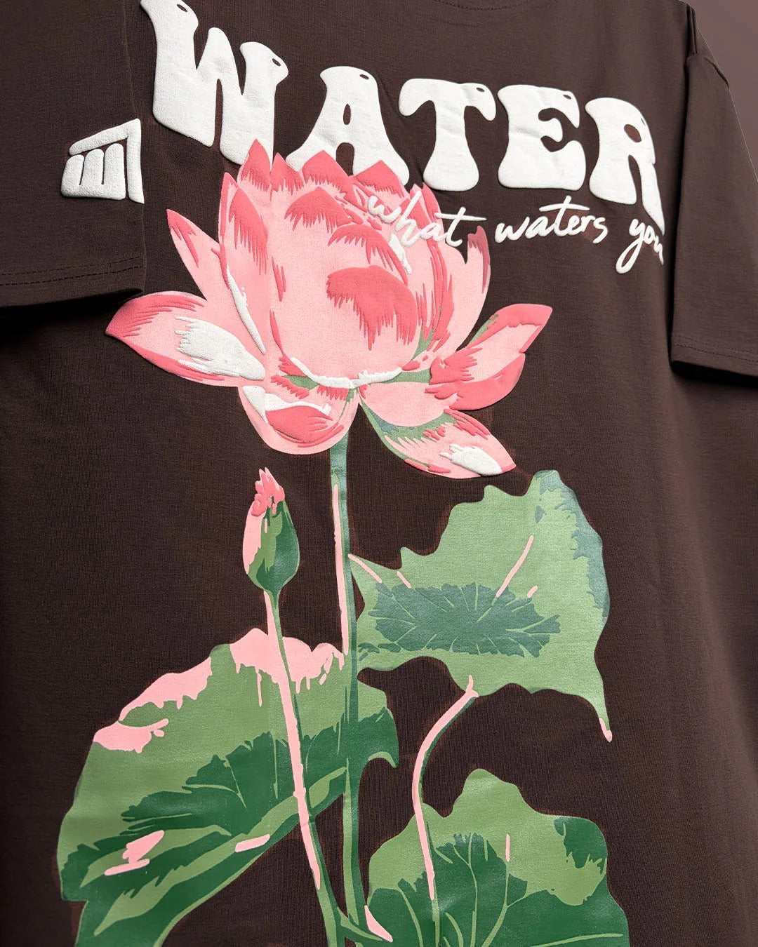 Clothav Water Lotus Graphic Brown Oversized T-Shirt for Men & Women | Floral Back Print Streetwear