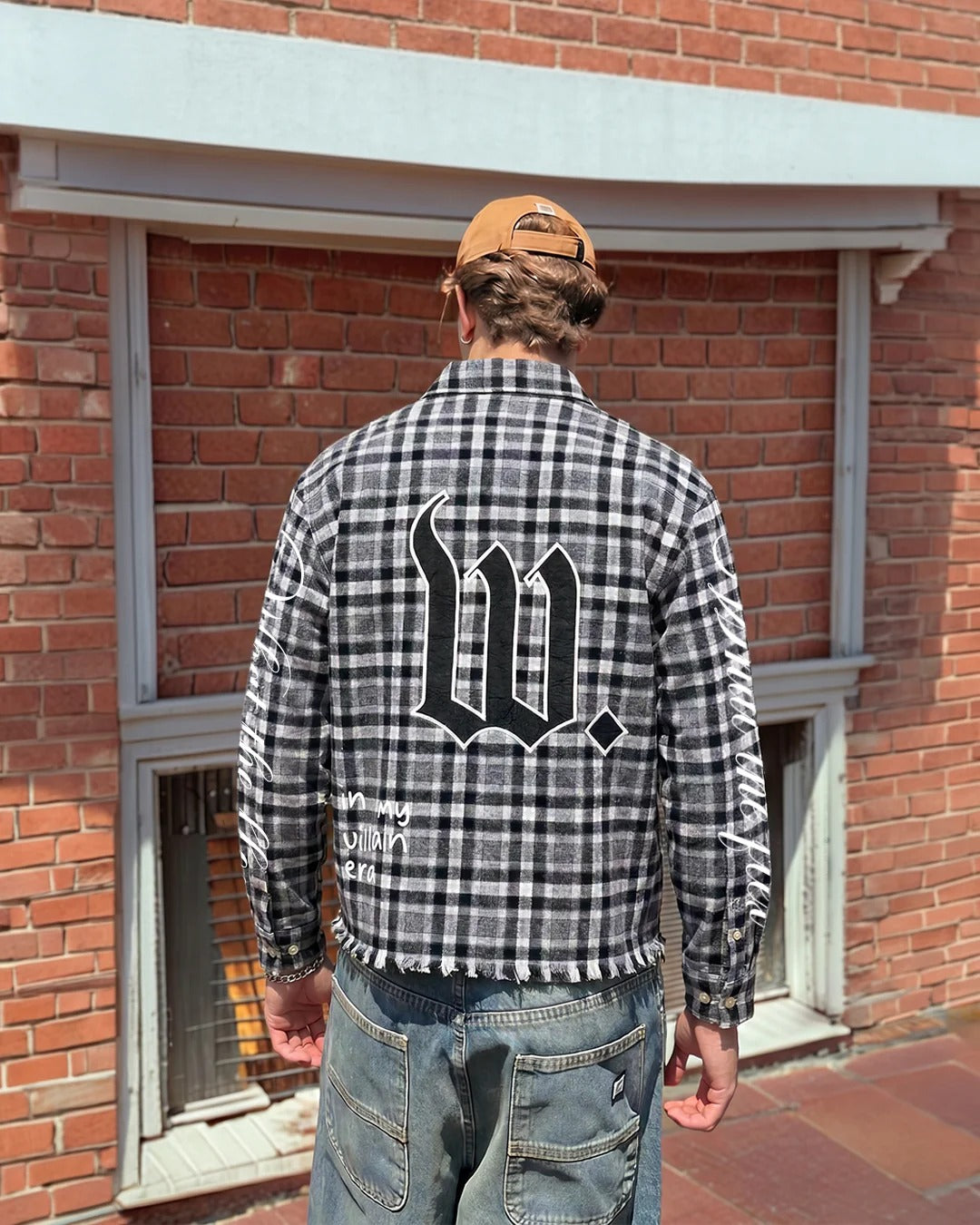 Clothav In My Villain Era Graphic Black Plaid Oversized Shirt Jacket for Men & Women | Statement Back Print Streetwear
