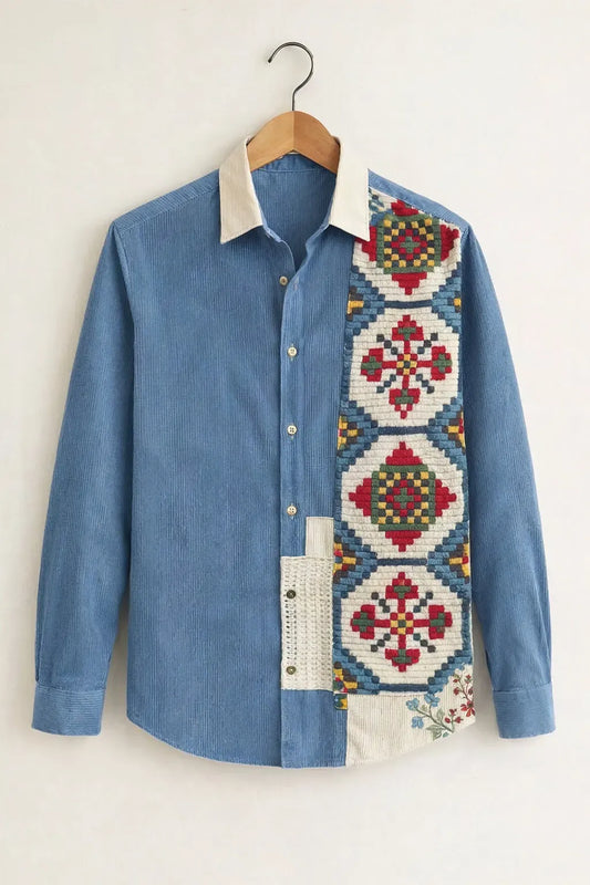 Clothav Men's Premium Sky Blue Ethnic Patchwork Full Sleeve Shirt | Artistic Boho Designer Casual Shirt | XS–6XL