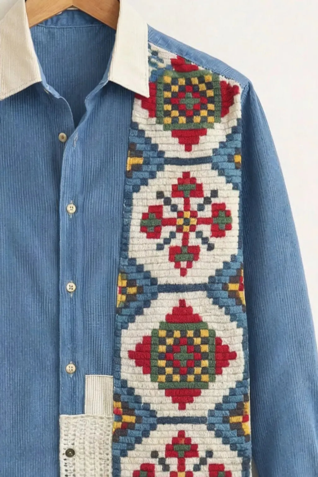 Clothav Men's Premium Sky Blue Ethnic Patchwork Full Sleeve Shirt | Artistic Boho Designer Casual Shirt | XS–6XL