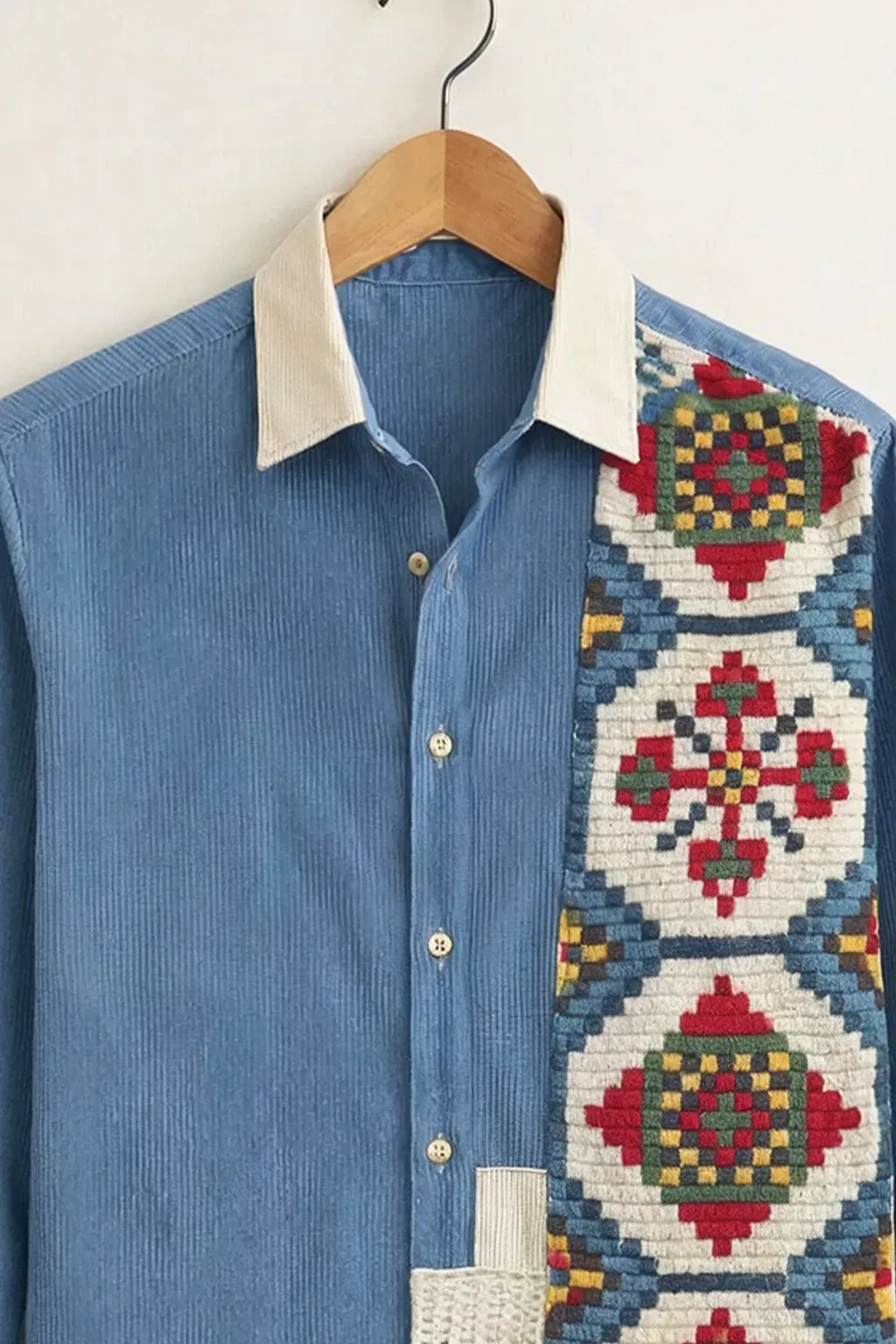 Clothav Men's Premium Sky Blue Ethnic Patchwork Full Sleeve Shirt | Artistic Boho Designer Casual Shirt | XS–6XL