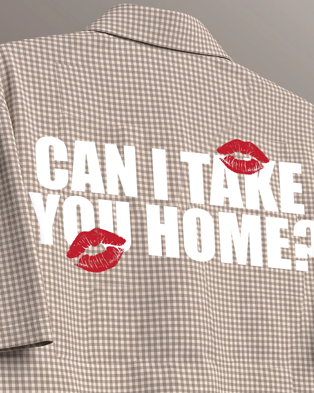 Clothav Can I Take You Home Graphic Beige Checkered Oversized Half Sleeve Shirt for Men & Women | Statement Back Print Streetwear
