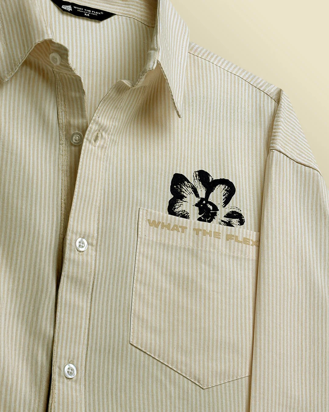 Clothav Give Peace A Chance Graphic Cream Pinstripe Oversized Shirt Jacket for Men & Women | Statement Back Print Streetwear