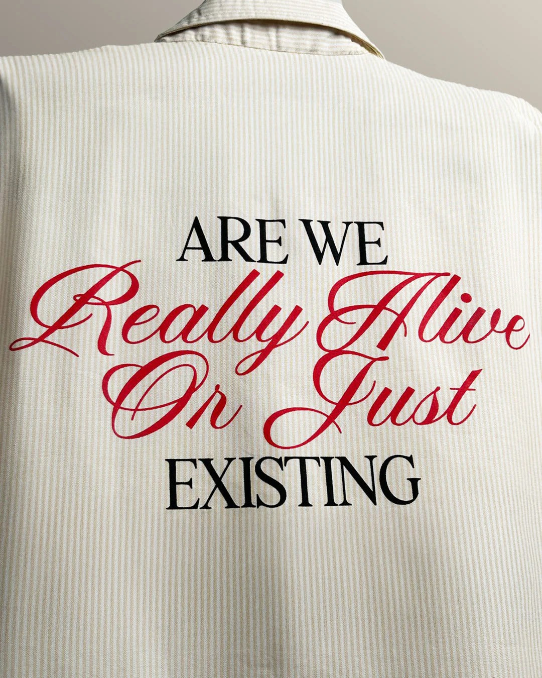 Clothav Are We Really Alive Or Just Existing Graphic Cream Corduroy Oversized Shirt Jacket for Men & Women | Statement Back Print Streetwear