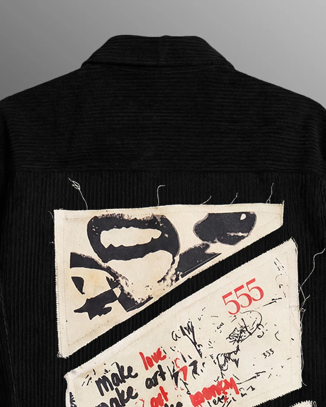 Clothav Abstract Eyes Patchwork Black Corduroy Oversized Shirt Jacket for Men & Women | Artistic Graphic Back Print Streetwear