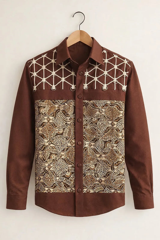 Clothav Men's Premium Brown Tribal Geometric Printed Full Sleeve Shirt | Designer Artistic Casual Shirt | XS–6XL