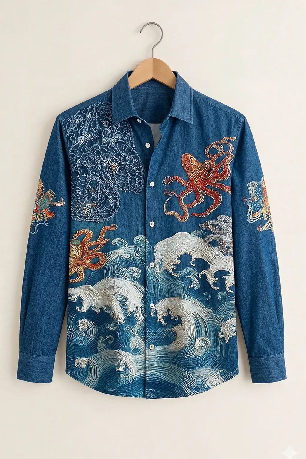 Clothav Men's Premium Blue Ocean Wave & Octopus Printed Full Sleeve Shirt | Artistic Sea Graphic Casual Shirt | XS–6XL