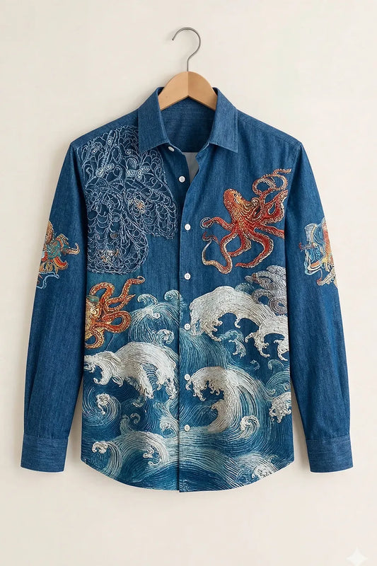 Clothav Men's Premium Blue Ocean Wave & Octopus Printed Full Sleeve Shirt | Artistic Sea Graphic Casual Shirt | XS–6XL