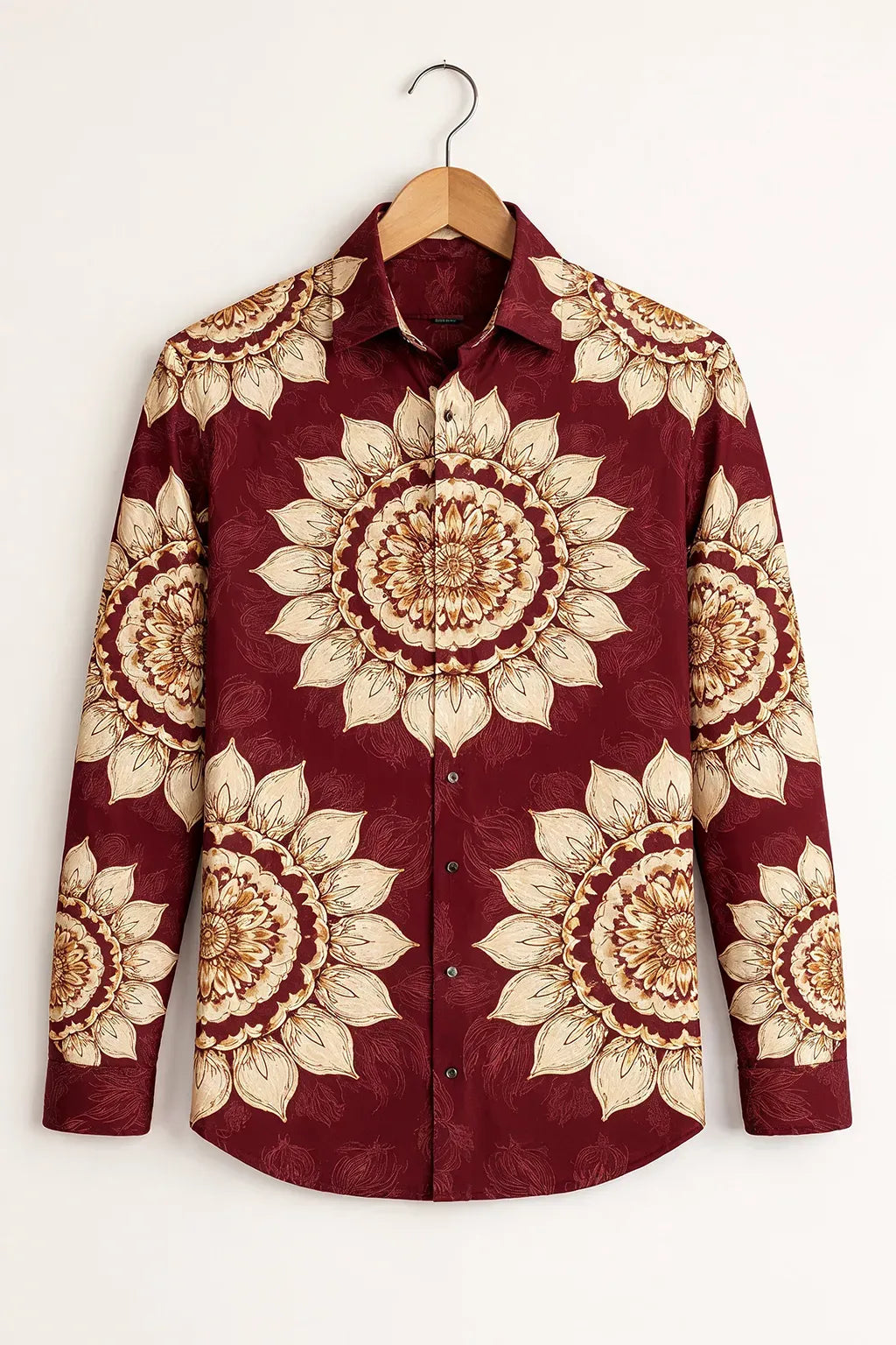 Clothav Men's Premium Maroon Mandala Floral Printed Full Sleeve Shirt | Luxury Artistic Casual Shirt | XS–6XL