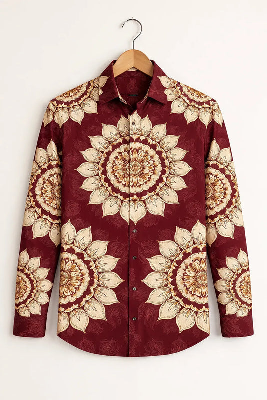 Clothav Men's Premium Maroon Mandala Floral Printed Full Sleeve Shirt | Luxury Artistic Casual Shirt | XS–6XL