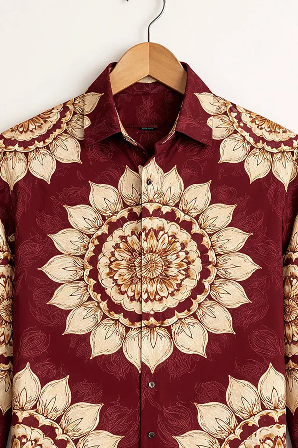 Clothav Men's Premium Maroon Mandala Floral Printed Full Sleeve Shirt | Luxury Artistic Casual Shirt | XS–6XL
