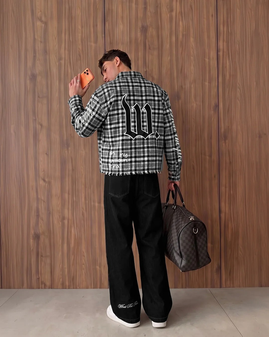 Clothav In My Villain Era Graphic Black Plaid Oversized Shirt Jacket for Men & Women | Statement Back Print Streetwear