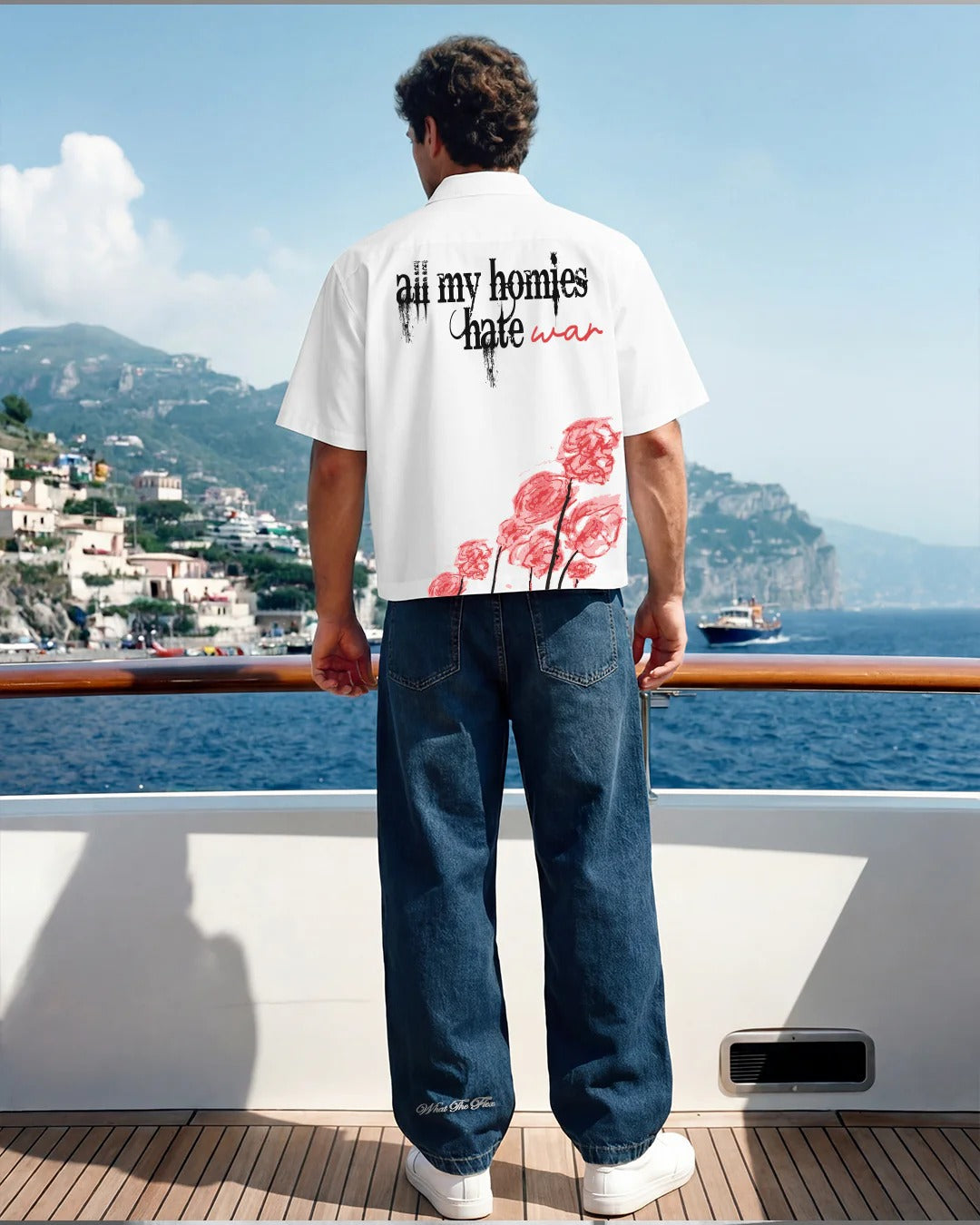 Clothav All My Homies Hate War Graphic White Oversized Half Sleeve Shirt for Men & Women | Statement Back Print Streetwear