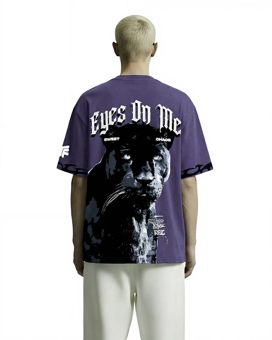 Clothav Eyes On Me Panther Graphic Oversized T-Shirt for Men & Women | Purple Statement Streetwear Tee