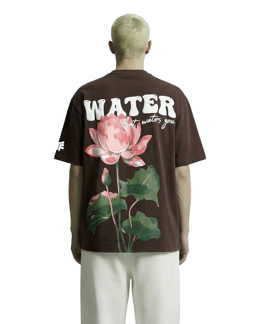Clothav Water Lotus Graphic Brown Oversized T-Shirt for Men & Women | Floral Back Print Streetwear