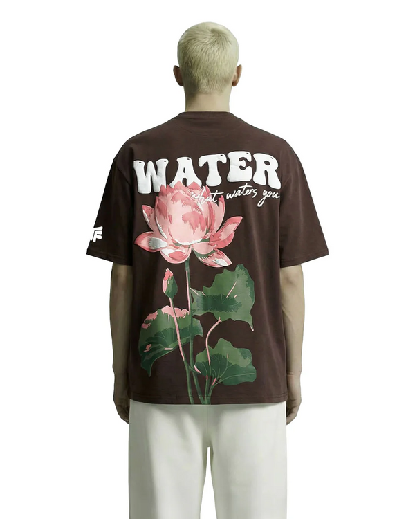 Clothav Water Lotus Graphic Brown Oversized T-Shirt for Men & Women | Floral Back Print Streetwear