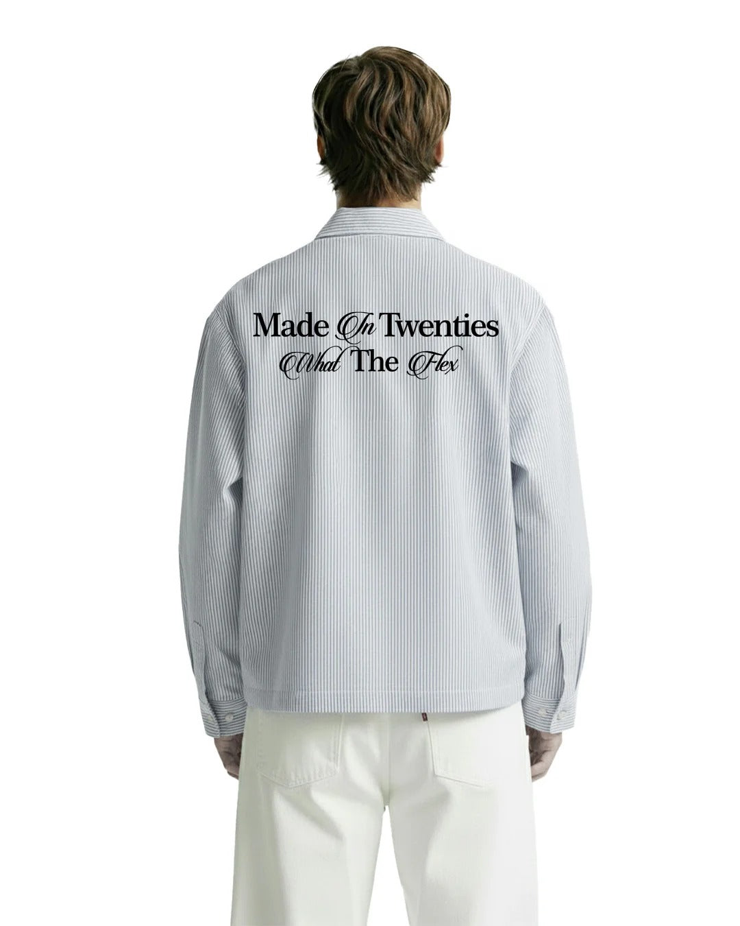 Clothav Made In Twenties Graphic Striped Oversized Full Sleeve Shirt for Men & Women | White Pinstripe Streetwear Shirt