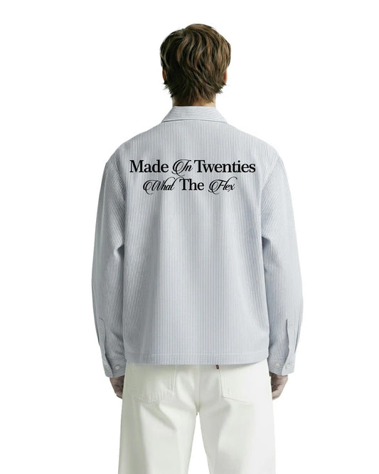 Clothav Made In Twenties Graphic Striped Oversized Full Sleeve Shirt for Men & Women | White Pinstripe Streetwear Shirt