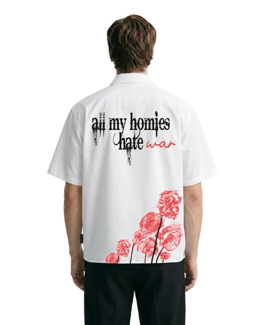 Clothav All My Homies Hate War Graphic White Oversized Half Sleeve Shirt for Men & Women | Statement Back Print Streetwear