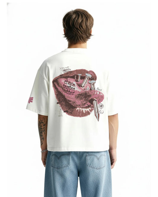 Clothav Chaos Tastes Better Graphic White Oversized T-Shirt for Men & Women | Artistic Back Print Streetwear