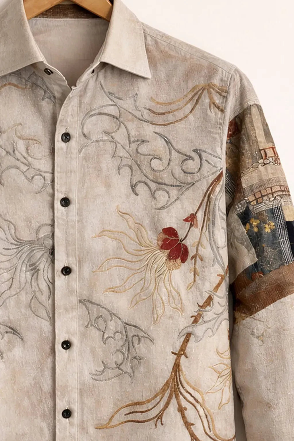 Clothav Men's Premium Beige Abstract Floral Patchwork Printed Full Sleeve Shirt | Artistic Designer Casual Shirt | XS–6XL