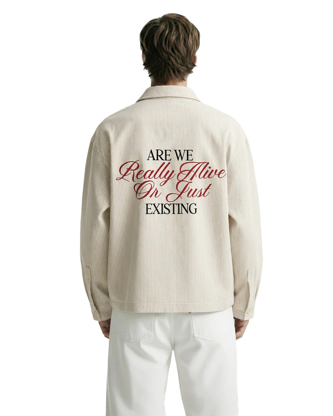 Clothav Are We Really Alive Or Just Existing Graphic Cream Corduroy Oversized Shirt Jacket for Men & Women | Statement Back Print Streetwear