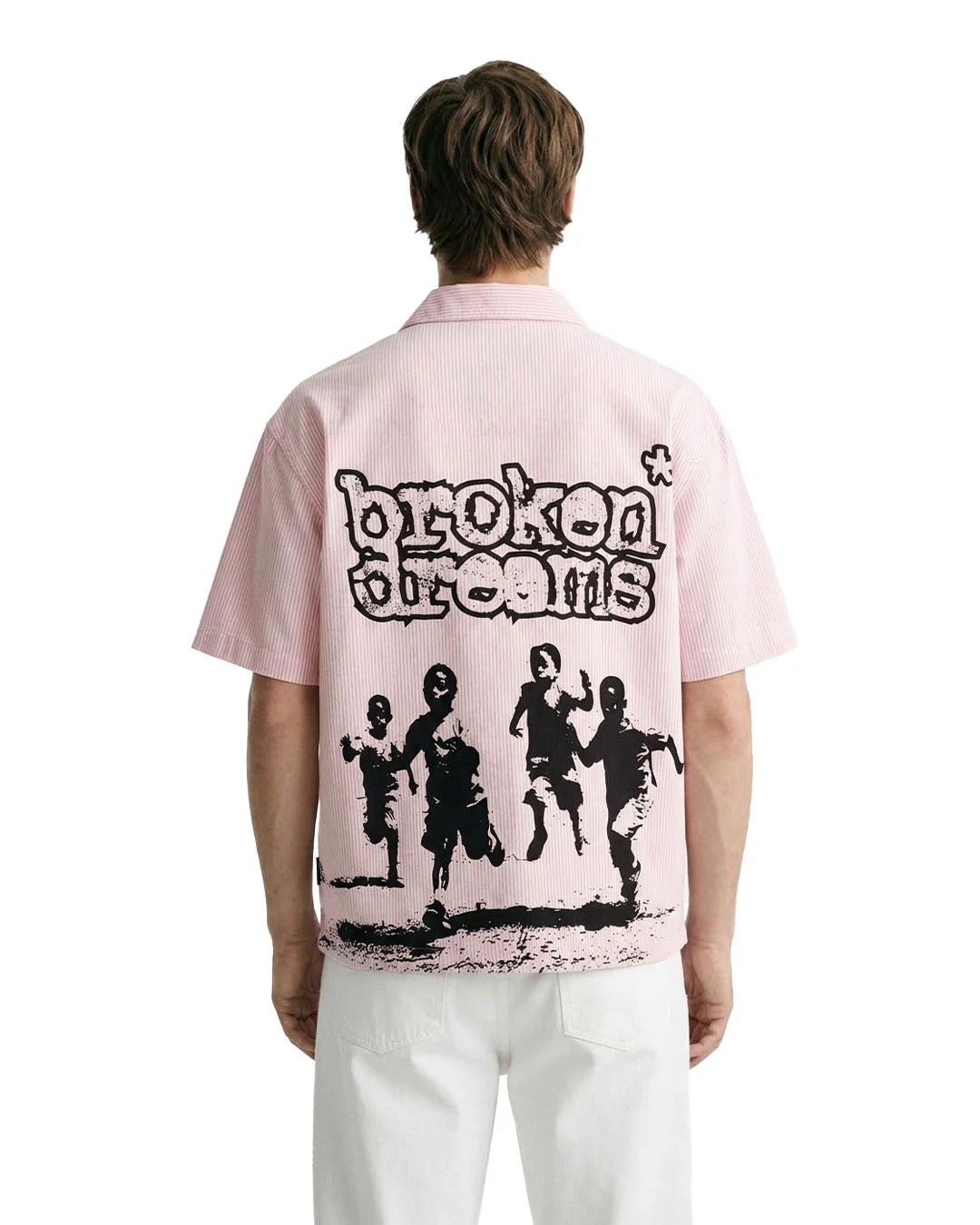 Clothav Broken Dreams Graphic Oversized Half Sleeve Shirt for Men & Women | Pink Striped Streetwear Shirt