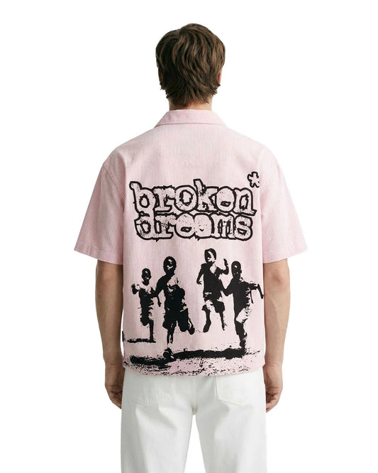 Clothav Broken Dreams Graphic Oversized Half Sleeve Shirt for Men & Women | Pink Striped Streetwear Shirt