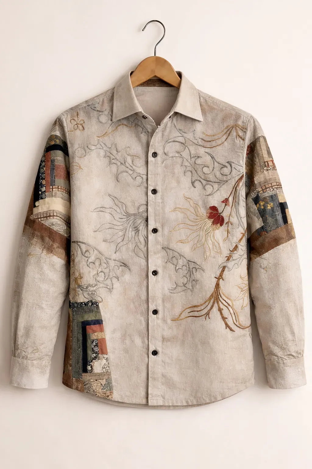 Clothav Men's Premium Beige Abstract Floral Patchwork Printed Full Sleeve Shirt | Artistic Designer Casual Shirt | XS–6XL