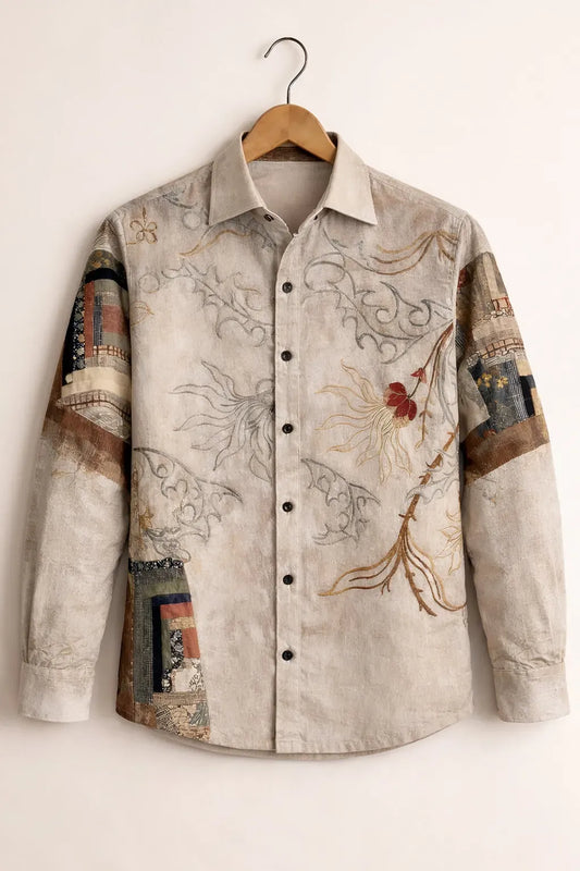 Clothav Men's Premium Beige Abstract Floral Patchwork Printed Full Sleeve Shirt | Artistic Designer Casual Shirt | XS–6XL