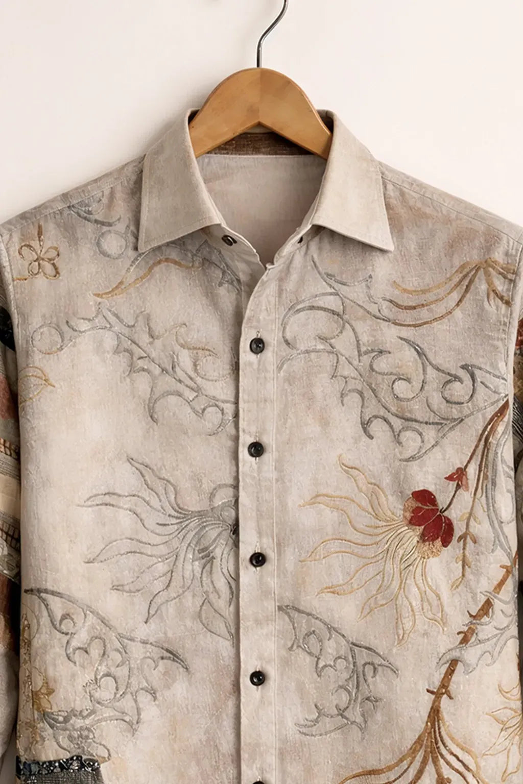 Clothav Men's Premium Beige Abstract Floral Patchwork Printed Full Sleeve Shirt | Artistic Designer Casual Shirt | XS–6XL