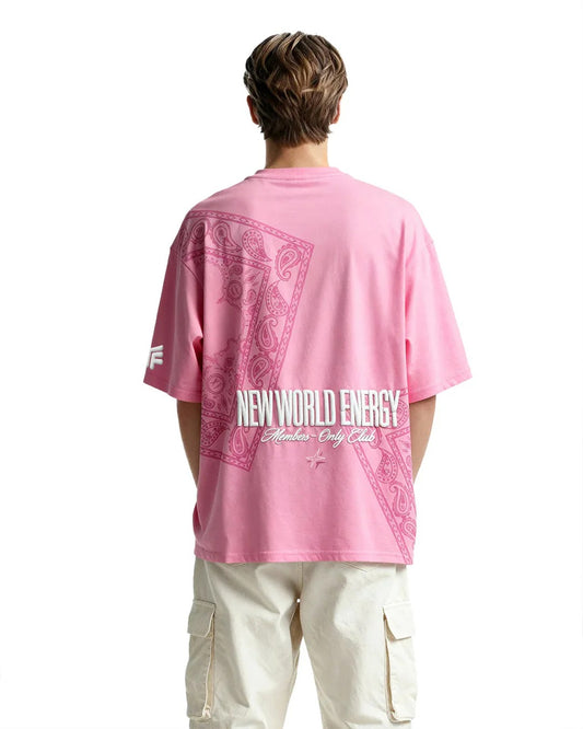 Clothav New World Energy Graphic Pink Oversized T-Shirt for Men & Women | Members Only Club Back Print Streetwear