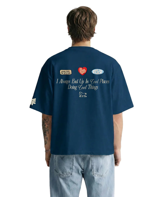 Clothav Cool Places Cool Things Graphic Navy Blue Oversized T-Shirt for Men & Women | Statement Back Print Streetwear