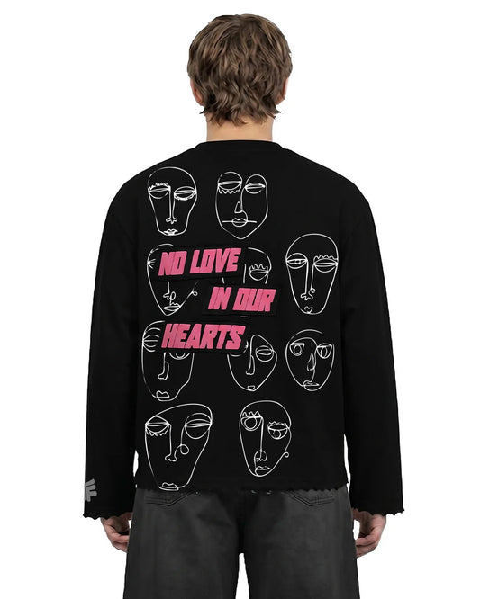 Clothav No Love In Our Hearts Graphic Oversized Full Sleeve T-Shirt for Men & Women | Black Statement Streetwear Tee