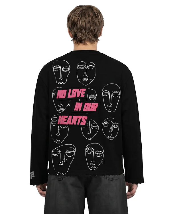 Clothav No Love In Our Hearts Graphic Oversized Full Sleeve T-Shirt for Men & Women | Black Statement Streetwear Tee