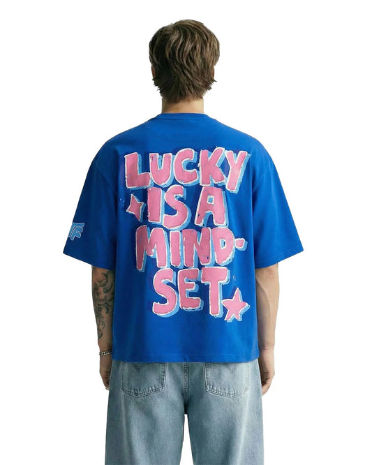 Clothav Lucky Is A Mindset Graphic Oversized T-Shirt for Men & Women | Blue Statement Streetwear Tee